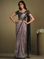 Elegant Black And Peach Fancy Fabric Sequins Readymade Saree
